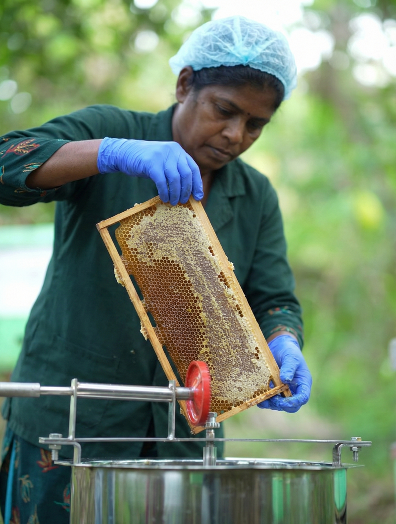 A lady collecting honey for wayanora rom wayanad